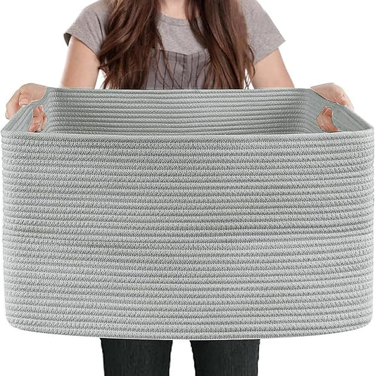 MEGASKET Extra Large Rectangle Storage Basket, 23.6" x 17" x 12" Gray Blanket Storage for Living Room, Large Soft Woven Cotton Rope Bin for Organizing, Kids Dog Wicker Toy Box Organizer
