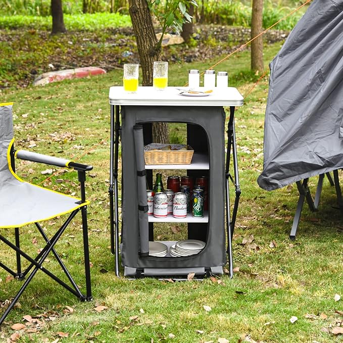 Giantex Folding Camping Storage Cabinet with 3 Shelves and Carry Bag, Portable Outdoor Organizer Kitchen Table, Quick Set-up for BBQ, Picnic, Backyard, Compact Pop-Up Cupboard, 35''H