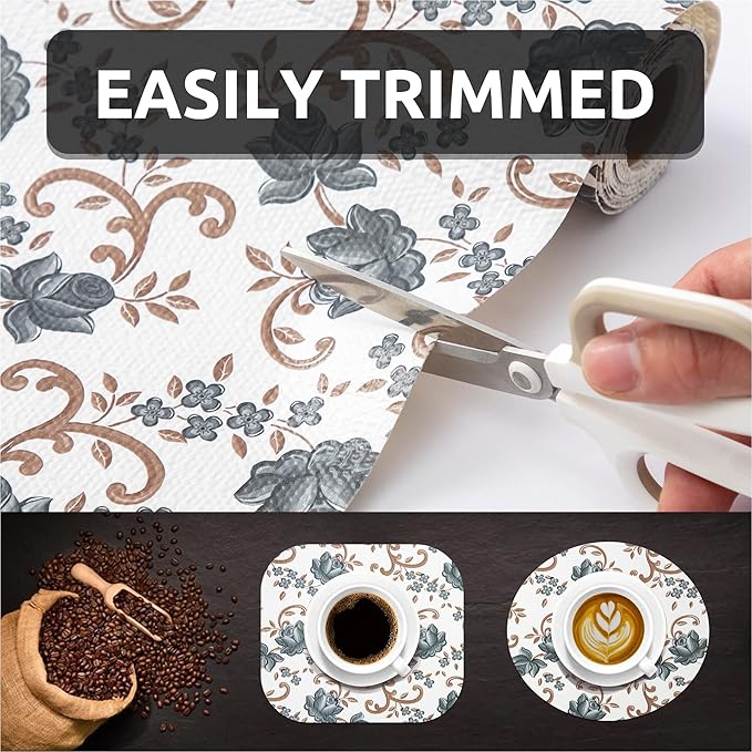 FIFTY FEET 12X120 Inch Shelf Liner for Kitchen Cabinets, PVC Drawer Liner for Dresser Non-Slip Bathroom, Non-Adhesive Cabinet Liner Washable (Black Floral)(2 Roll)