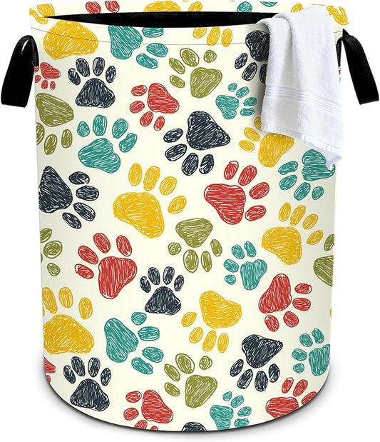 Paw Print Laundry Basket Storage Bin Foldable Laundry Hamper Clothes Storage Bucket Organizer 19.6x15.7 Inch For Laundry Room/Bedroom/Bathroom