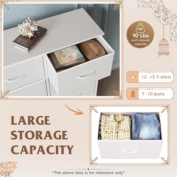 WLIVE White Dresser for Bedroom with 6 Fabric Drawers, Closet Dresser with Metal Frame, Wooden Top, Chest of Drawers for Closet, Living Room, Hallway