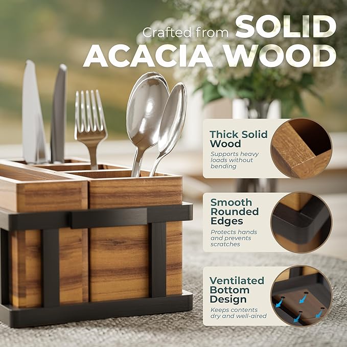 Acacia Silverware Caddy for Parties, Utensil Caddy with Paper Plate Dispenser, 4-Compartment Cutlery Flatware Organizer for Spoons, Forks, Napkins - Black Painted Wood Frame