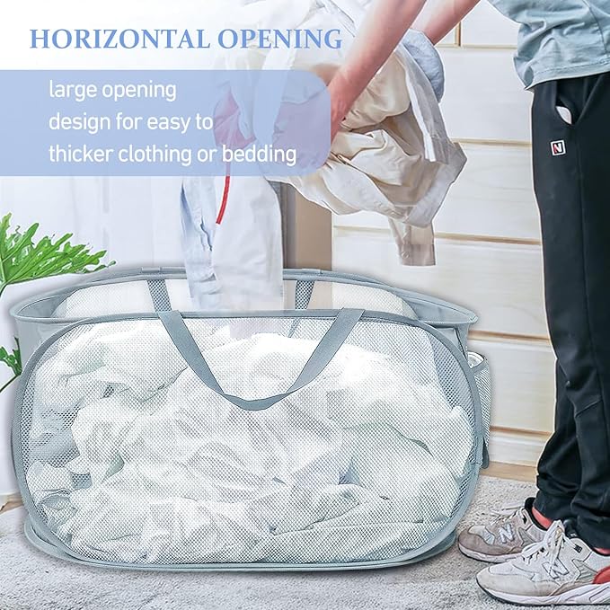 2PCS Mesh Laundry Hamper,Collapsible Laundry Baskets,75L Large Foldable Dirty Laundry Clothes Hamper Storage Basket Horizontal with Side Pocket&carry Handle for Home Travel grey Emerald