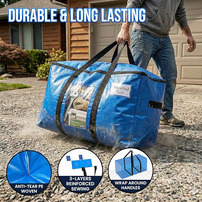 TAILI Extra Large Moving Bags, 12 Pack Blue Heavy Duty Totes for Storage with Visible Window, Wrap Around Handles, Storage Bags for Space Saving, Alternative to Moving Boxes