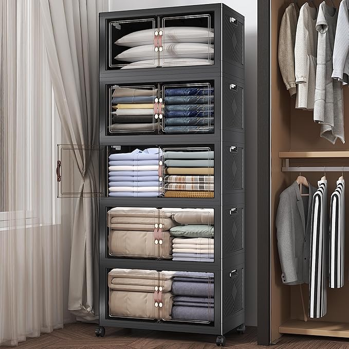 UAMFURI Extra Large Stackable Storage Bins with Lids & Wheels, 600QT-120QT/30GAL*5Pack Foldable Collapsible Closet Organizers Storage Cabinet with Doors for Bedroom Dorm