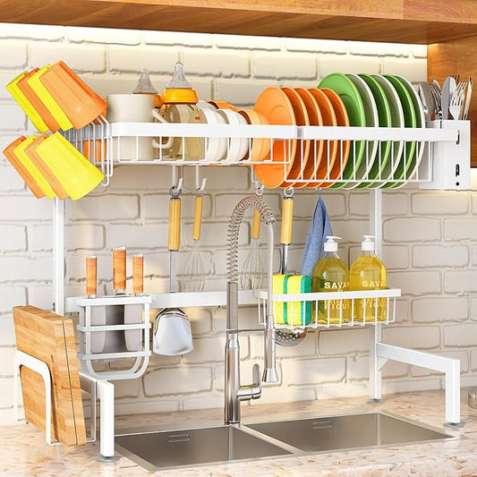 SNTD Over The Sink Dish Drying Rack - Adjustable Dish Rack for Kitchen Counter, Metal (White)