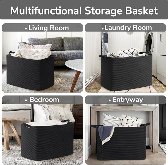 Goodpick Large Woven Storage Basket, 105L Extra Large Blanket Basket for Living Room, Bedroom, Rectangle Cotton Rope Organizer for Toy Storage, 25”x16”x16”, Black