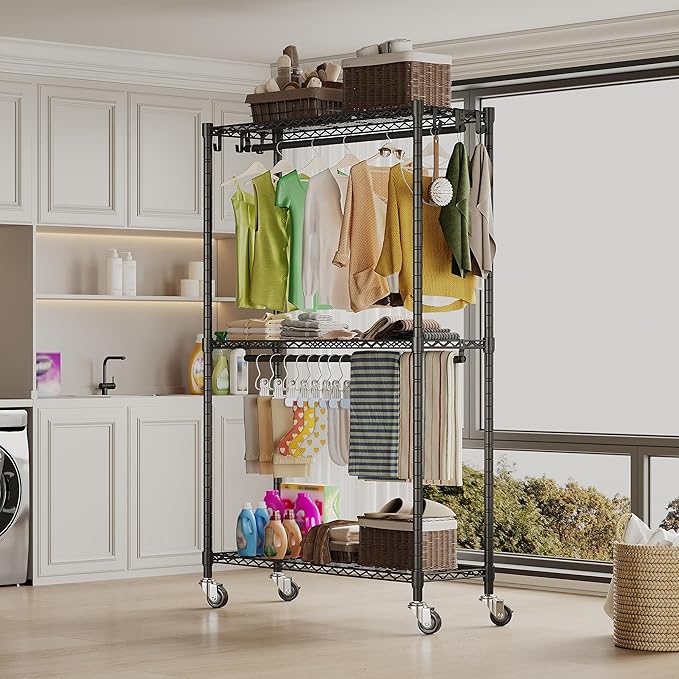 Higeego Heavy Duty Garment Rack with Wheels, H2 Plus Rolling Clothing Rack for Hanging Clothes, Load 480 LBS Portable Closet, Metal Adjustable Shelves & Double Hanging Rods for Bedroom Storage, Black