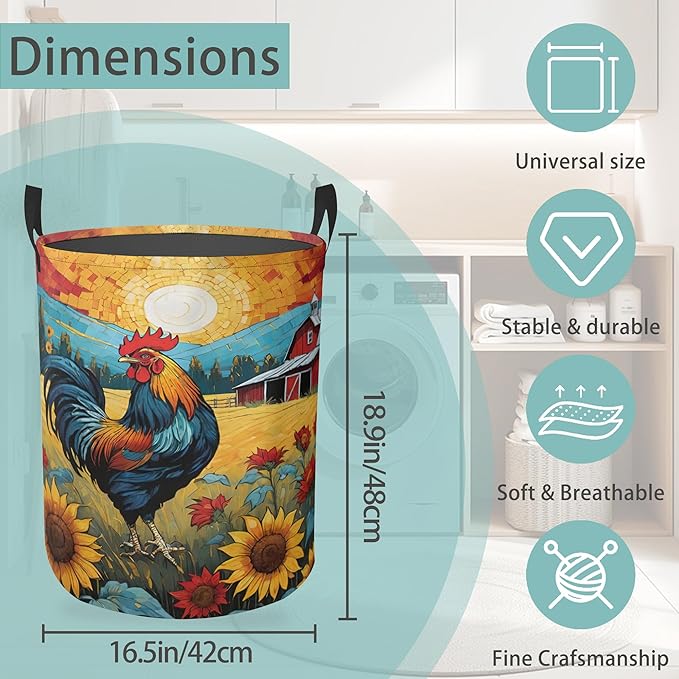 Laundry Basket With Handle, Dirty Clothes Laundry Hamper, Oxford Cloth Bin Storage Organizer for Toy Collection (Vintage Rooster)