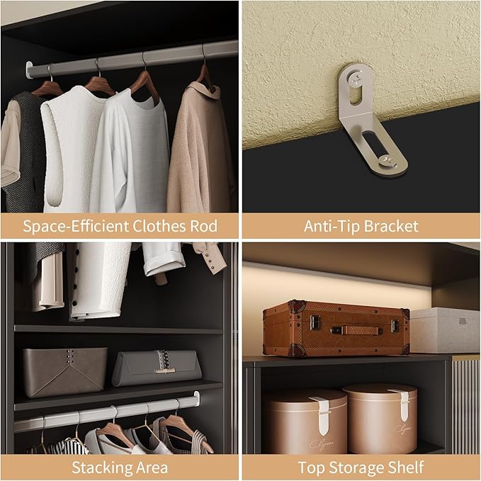 VOWNER 25'' Freestanding Closet System with Shelves, Wood Closet Organizer System with Hanging Rods, Walk-in Closet Tower, Clothes Garment Rack, Wardrobe Closet for Bedroom Entryway