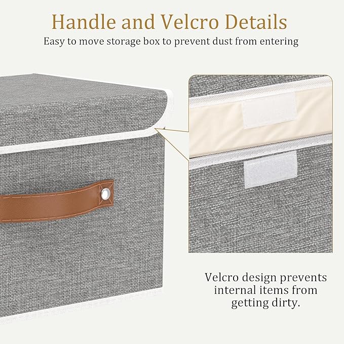 OUTBROS Large Fabric Storage Box with Lid, Collapsible Wardrobe Organiser, Linen Cubes For Towels, Clothes, 13 x 9.1 x 7.9 inch (Grey, 3-Pack)