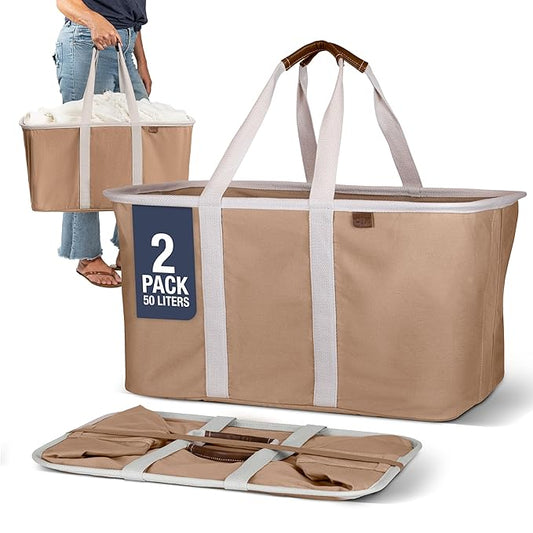 CleverMade Collapsible Laundry Tote 2-Pack (50L) – Foldable Carry-All Storage Bin for Laundry, Car Trunk, RV, Dorm & Home Organization – LUXE Cotton Blend with Vegan Leather Accents, Mocha