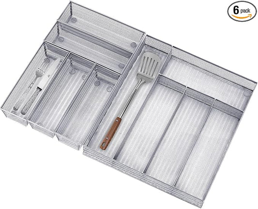 Neudeco Drawer Organizer Set 6 Pack - 5-Compartment Silverware Organizer Tray + 5 Utensil Trays, Kitchen Drawer Organizer for Flatware, Cutlery, Office Supplies, Silver Mesh, Non-Slip