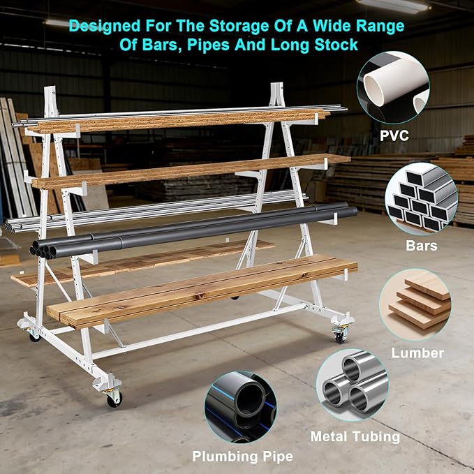 Mobile Horizontal Storage Rack, 5-Tier Pipe Rack Cart 53" x 52" x 44", 2000 lbs Heavy Duty Long Parts Storage Rack, Lumber Cantilever Racking with Wheels for Garage, Workshop, Shed, Basement