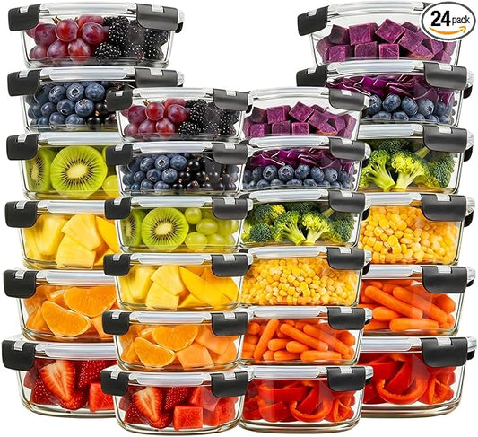 Konokyo Round Glass Food Storage Containers with Lids, 24 Pack Airtight Leakproof Meal Prep Containers, BPA-Free, Microwave Oven Freezer & Dishwasher Safe, Assorted Sizes