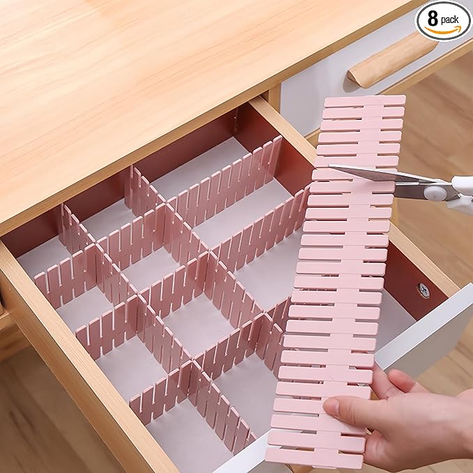 8 Pack Drawer Dividers, Adjustable Plastic Grid Separators for Socks, Underwear, Makeup, Cut-to-Fit DIY Drawer Organizer for Kitchen, Bedroom, Office, White + Pink