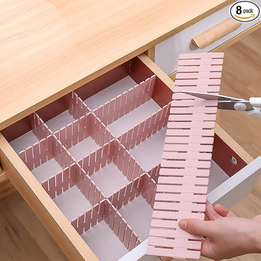 8 Pack Drawer Dividers, Adjustable Plastic Grid Separators for Socks, Underwear, Makeup, Cut-to-Fit DIY Drawer Organizer for Kitchen, Bedroom, Office, White + Pink