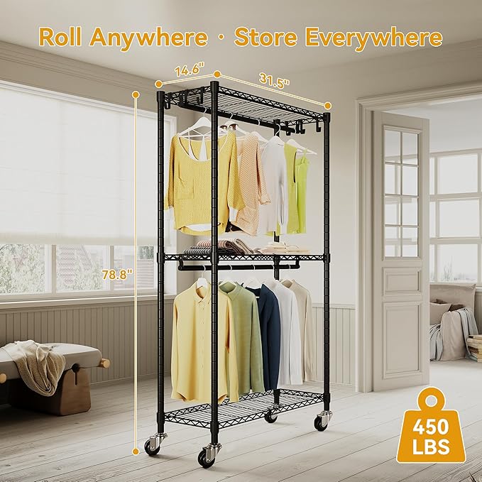 Higeego Rolling Clothing Rack for Hanging Clothes Heavy Duty Garment Rack with Wheels Metal Adjustable Shelves & Double Hanging Rods H2 Portable Closet for Bedroom, Black Coat Rack