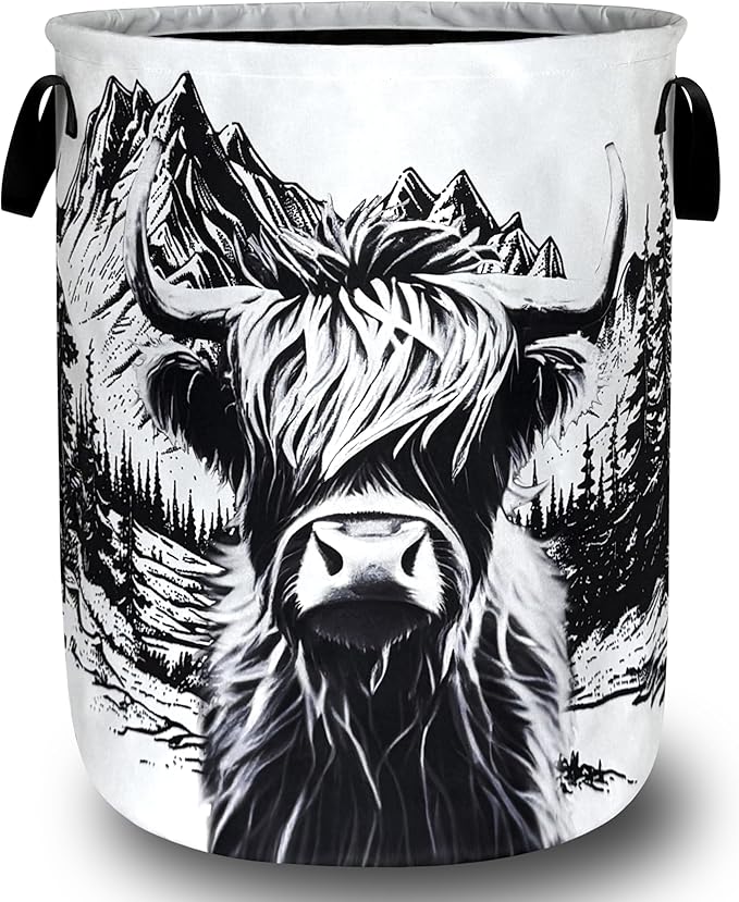Black White Highland Cow Laundry Basket Foldable Animal Cows Laundry Hamper With Handle Portable Oxford Cloth Clothes Storage Basket Laundry Bag 18.9"x16.5" For Laundry Room/Bedroom/Bathrooms