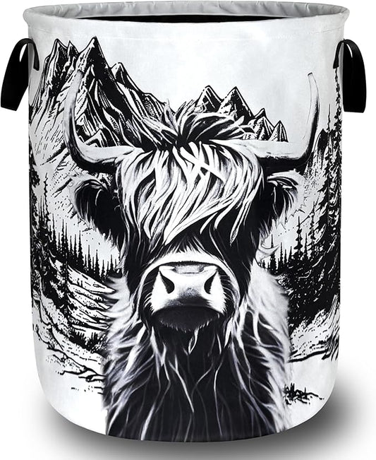 Black White Highland Cow Laundry Basket Foldable Animal Cows Laundry Hamper With Handle Portable Oxford Cloth Clothes Storage Basket Laundry Bag 18.9"x16.5" For Laundry Room/Bedroom/Bathrooms