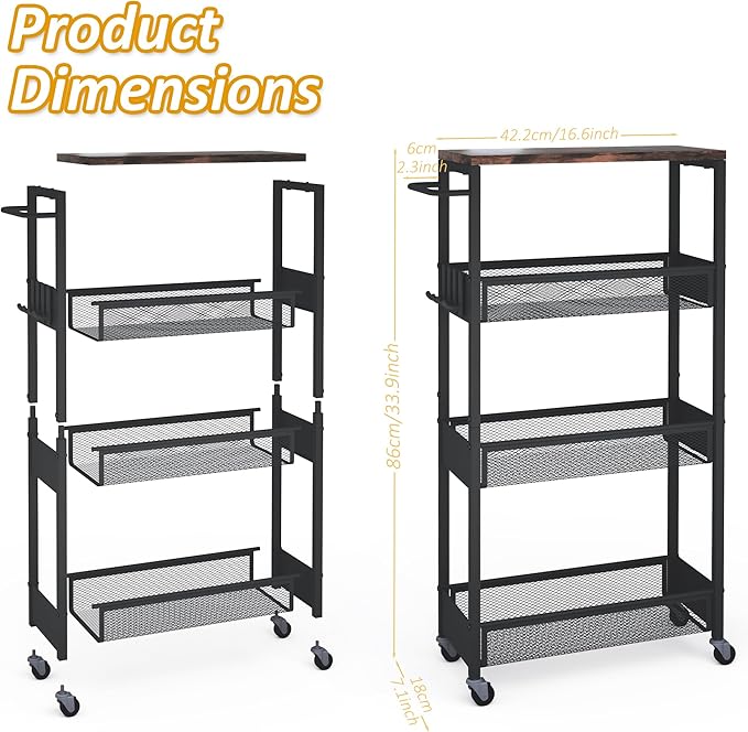 Vincona Slim Rolling Utility Cart, 4 Tier Metal Narrow Storage Cart with Handle and Wood Top, Multifunctional Small Mobile Shelf Unit Organizer Trolley for Laundry, Bathroom, Kitchen