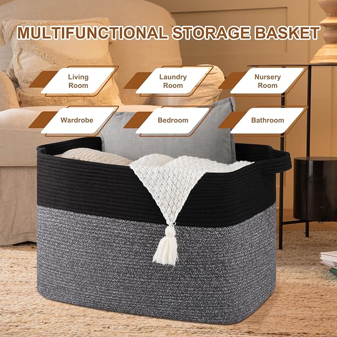 OIASKET XXXL Supre Large Blanket Basket for Clothes, Towels, Pillows, 108L Cotton Rope Storage Basket for Living Room, Supre Large Woven Toy Storage for Kids, 25" x 16" x 16", Black