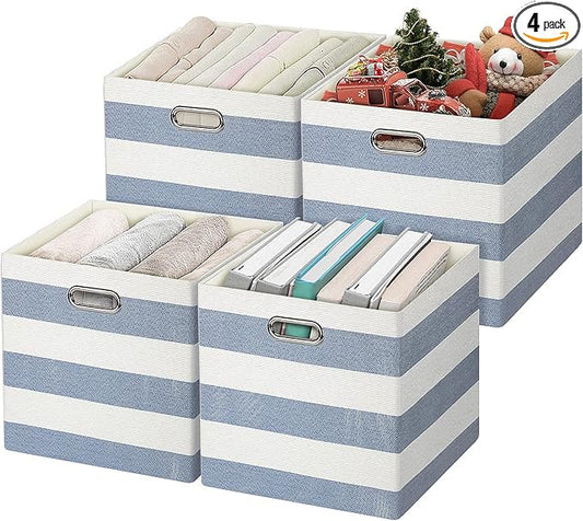 Posprica Collapsible Storage Bins,13×13 Fabric Storage Cubes Basket Containers Drawers for Nurseries,Offices,Closets (Set of 4, Blue-white Striped)