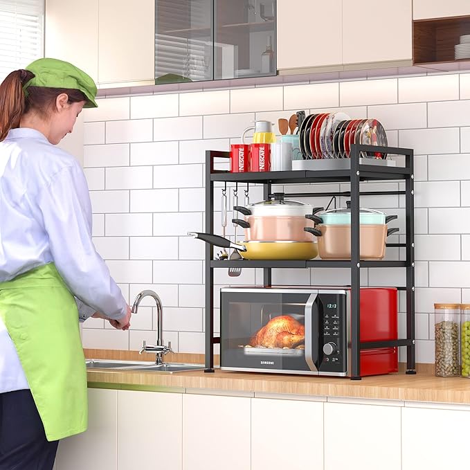 PUSDON 3-Tier Expandable Microwave Oven Rack, Countertop Baker's Rack Style Shelf, Heavy Duty Adjustable Standing Shelf with Hooks, 160lbs Capacity Kitchen Space Saver, Matte Black