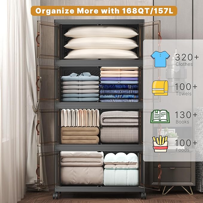 UAMFURI Extra Large Stackable Storage Bins with Lids & Wheels, 672QT-168QT/42GAL*4Pack Foldable Collapsible Closet Organizers Storage Cabinet with Doors for Bedroom Dorm