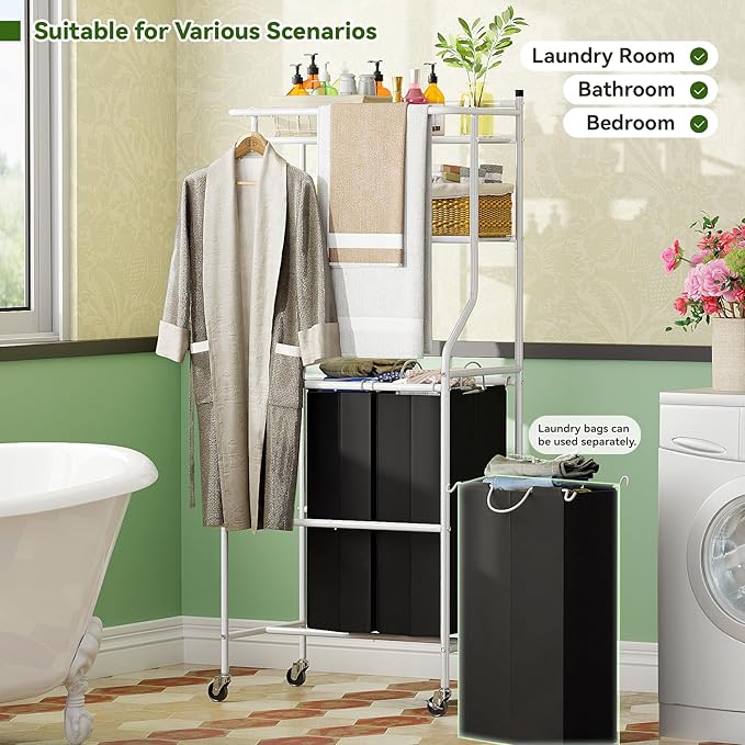 Laundry Sorter with Hanging Clothes Rack, Rolling Laundry Cart with Wheels & Shelf, 42 Gal (160L) 3 Section Basket Organizer, White
