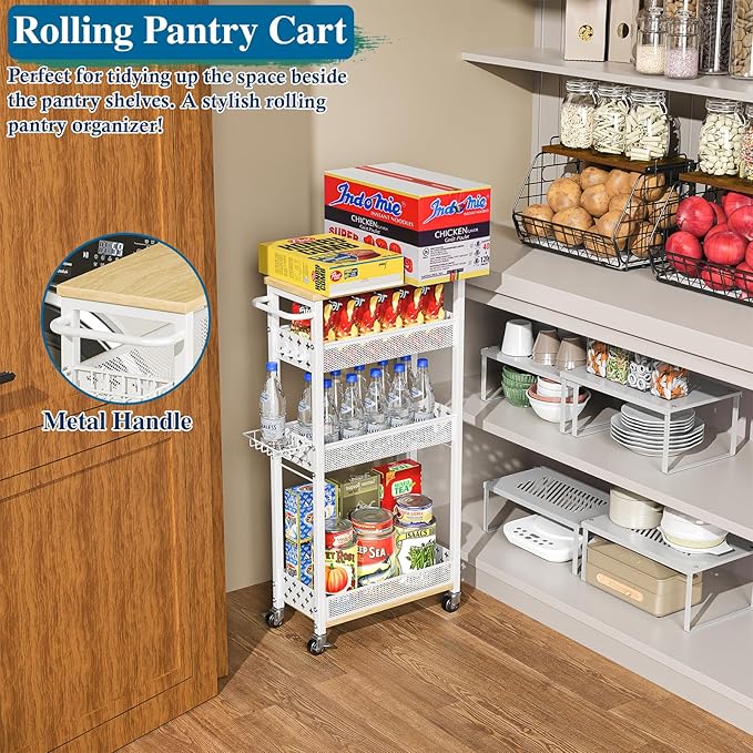 OKZEST Rolling Slim Storage Cart, 4-Tier Narrow Bathroom Laundry Room Organization Cart, Metal Kitchen Storage Mobile Shelf Unit Organizer with Wood Top, Slim Utility Cart with Wheels for Small Space