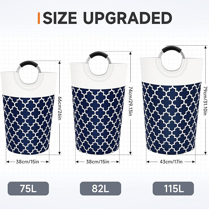 Fabspace Large Laundry Basket Laundry Hamper Bag Washing Bin Clothes Bag Collapsible Tall with Handles Waterproof Travel Bathroom College Essentials Storage for College Dorm, Family (Blue) 115L