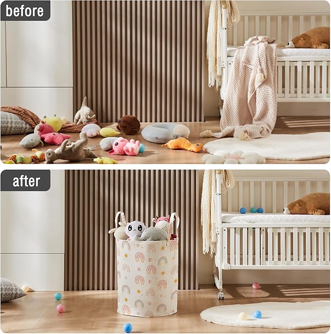 TECHMILLY Large Storage Basket for Girls and Boys, Collapsible Laundry Hamper with Long Handles, Toy Bins for Nursery, Kids Room Décor (Rainbow)