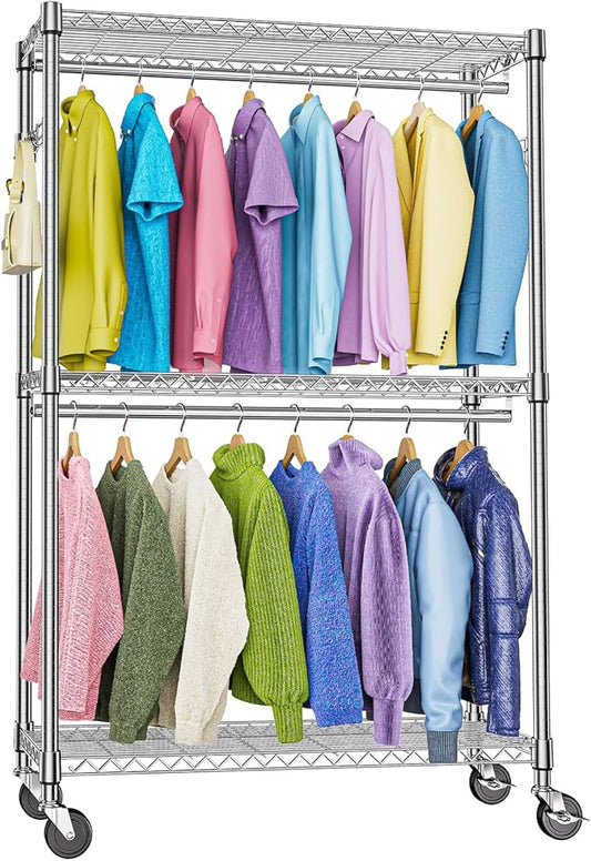 M MZG Heavy Duty Rolling Garment Rack 3 Tiers Adjustable Wire Shelving Clothes Rack with 2 Rods and Side Hooks,Storage Closet Clothing Rack with Wheels Chrome 15.7" D x 45.3" W x 79.6" H