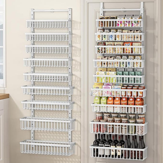 POKIPO 9 Tier Over The Door Pantry Organizer, 2 in 1 Wall Mount or Hanging Spice Rack with Adjustable Basket, Seasoning Organizer and Storage for Kitchen Cabinet Closet Bathroom