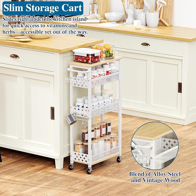 OKZEST Rolling Slim Storage Cart, 4-Tier Narrow Bathroom Laundry Room Organization Cart, Metal Kitchen Storage Mobile Shelf Unit Organizer with Wood Top, Slim Utility Cart with Wheels for Small Space