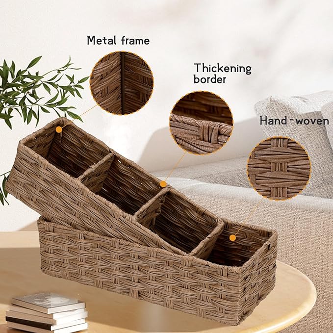 DULLEMELO Small Basket for Bathroom, Wicker Toilet Tank Basket, Bathroom Back of Toilet Organizer, Set of 2 Waterproof Baskets for Organizing, Brown