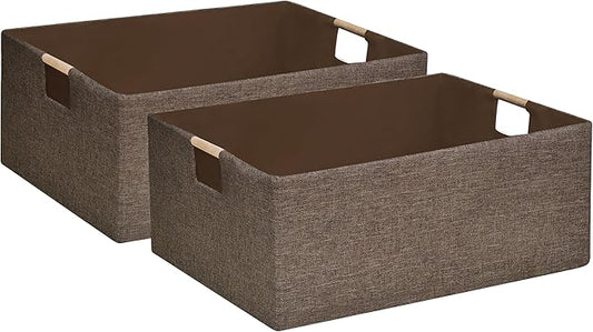 Collapsible Storage Box 16.9"x12.5"x7" with Wooden Handles | Foldable Organizer for Closet, Shelves, Toys & Cosmetics | Durable Linen-Polyester Fabric | Space-Saving Home Organization 2Pack