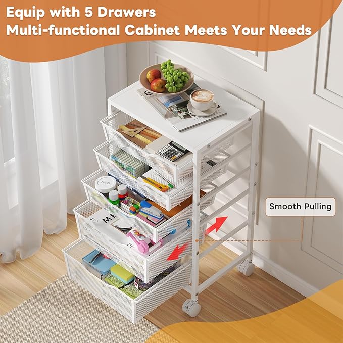 Sbanmao Rolling Storage Cart with 5 Drawers, Metal Utility Cart with Lockable Wheels, Craft Storage Art Cart, Rolling Drawer Cart for Living Room, Bedroom, Bathroom, Office, Home, White