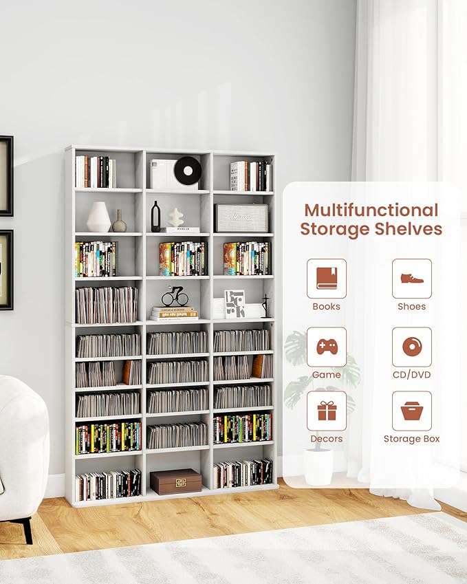 DVD Storage Shelf with Adjustable Shelves, 9-Tier Modern Media Tower for CDs, DVDs, Video Games, DVD Rack Cabinet Organizer for Living Room, Bedroom, Office