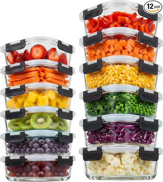 Konokyo Square Glass Food Storage Containers with Lids, 12 Pack Airtight Leakproof Meal Prep Containers, BPA-Free, Microwave Oven Freezer & Dishwasher Safe, Assorted Sizes