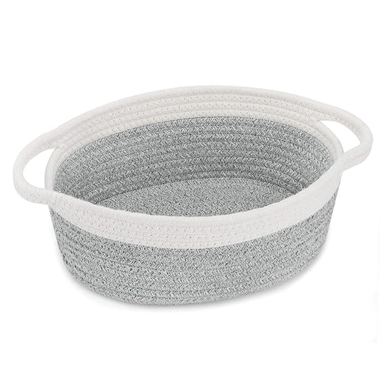 ABenkle Small Basket with Handles, Boho Decorative Rope Woven Dog Cat Toy Storage Bin Shelf Storage Organizer, Easter Christmas Gift Basket, 12"x8"x5"