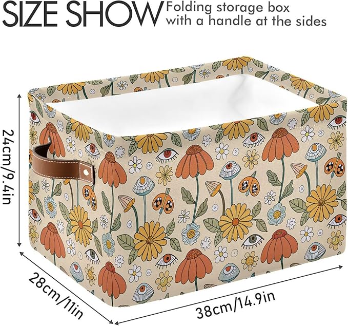 xigua Mushroom Eyes Storage Basket Collapsible Storage Bins Waterproof Canvas Storage Basket with Leather Handles for Home Closets Offices,Bedrooms,Gift Baskets,2PCS