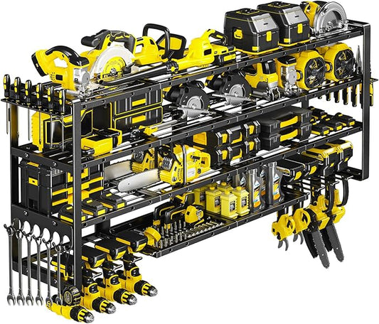 POKIPO Extra Large 64" W Power Tool Organizer Wall Mount, Load 1000 lbs, Heavy Duty 4 Tier Garage Storage Rack with 8 Drill Holders, 2 in 1 Corner or Straight Installation