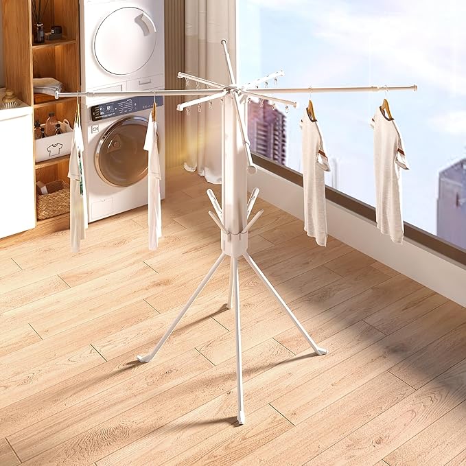 Foldable 4-Legged Clothes Drying Rack, Extra Stable Heavy Duty Laundry Drying Rack with Sock Clips & Shoe Holders, Large Capacity Collapsible Drying Stand for Indoor Outdoor Use