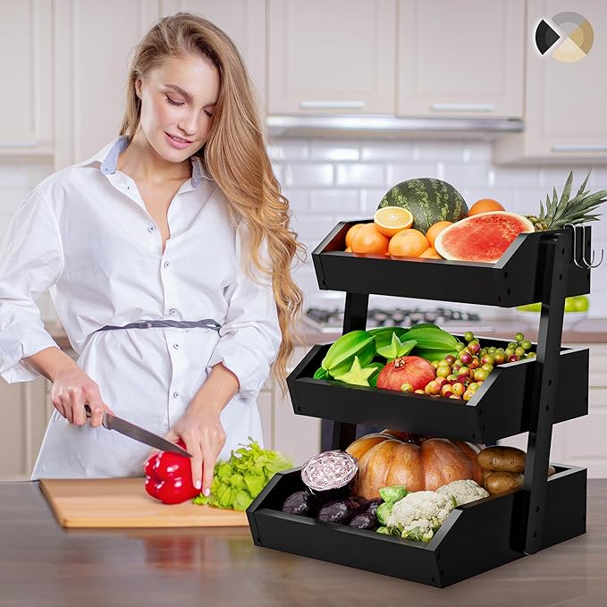 Bamboo 3 Tier Fruit Basket For Counter, Large Capacity Fruit Storage Countertop, Fruit Holder, Wooden Pantry Organizers and Storage, Kitchen Countertop Organizer With 2 Banana Hangers (Black)