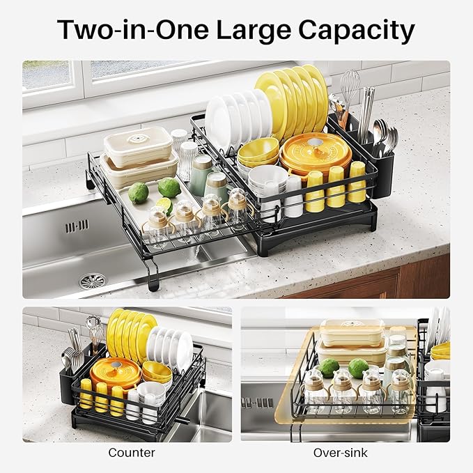 Premium Expandable Dish Drying Rack with Drainboard – 2-in-1 Large Capacity Countertop & Over-Sink Dish Rack, Rust-Resistant Metal