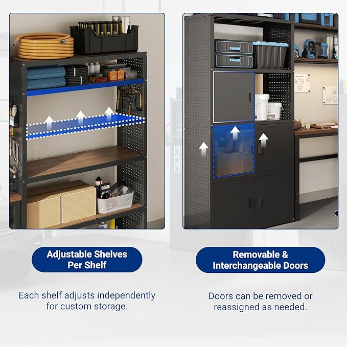 FLEXIMOUNTS Garage Storage Cabinet System, 3-in-1 Modular Metal Tool Cabinet w/Workbench and Particle Board Shelf Includes Pegboard, 24-Gauge Steel, 117"(L) w/ 4 Doors, Black, FLEXIMOD Series