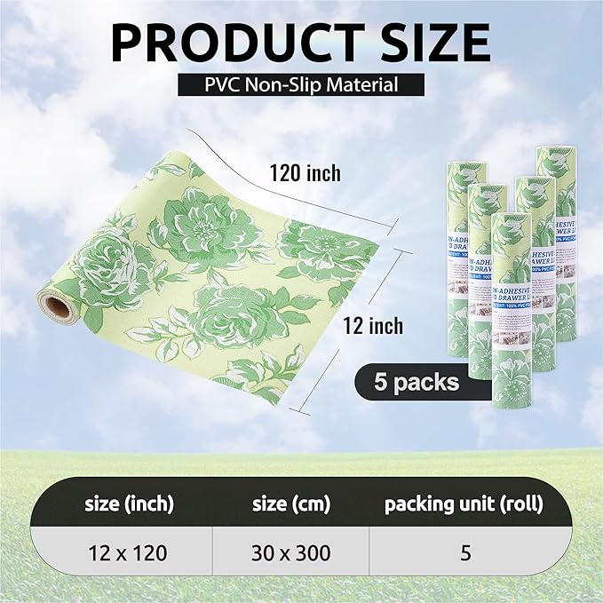 FIFTY FEET 12X120 Inch Shelf Liner for Kitchen Cabinets, PVC Drawer Liner for Dresser Non-Slip Bathroom, Non-Adhesive Cabinet Liner Washable (Green Flower)(5 Roll)