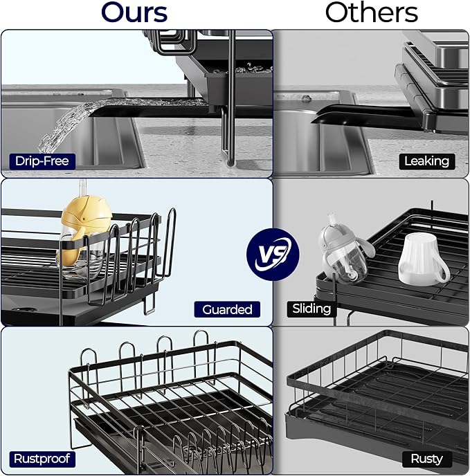 Large Dish Drying Rack, Expandable Dish Rack for Kitchen Counter, Dish Drainer with Drainboard Set, Multifunctional Dishrack with Utensil & Cup Holder, 13.4"-28.7" L x 11.8" W x 7.4" H, Black